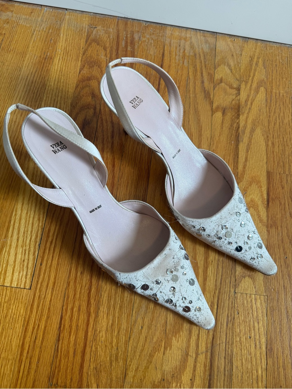 Vera Wang Ivory Embellished Satin Slingbacks